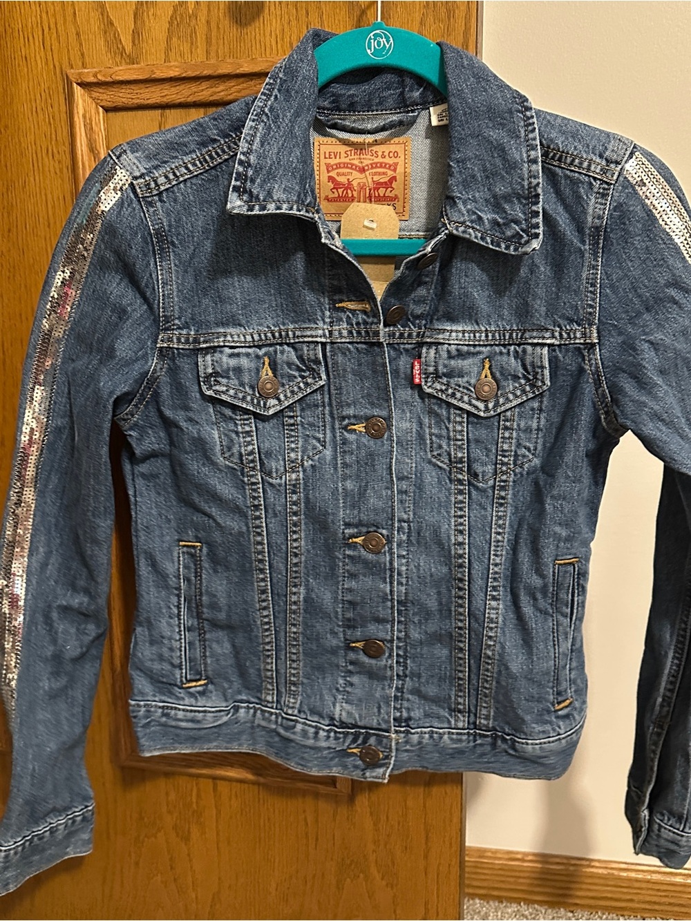 NWT Levi's Original Trucker Denim Jacket with Sequin-Trim Sleeves